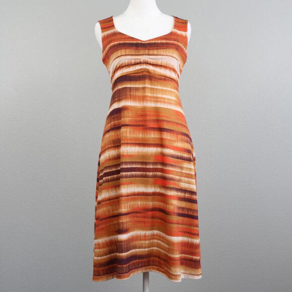 PRANA Viana Retro 1970s Vibe Sleeveless Dress Orange & Brown Stripes Size XS